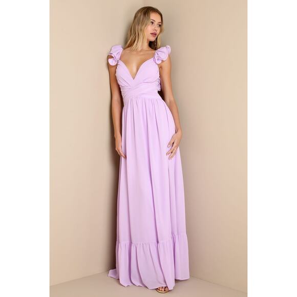 NWT Lulus Soiree Celebration Lilac Ruffled Lace-Up Maxi Dress Wedding Bride Sz L - Picture 1 of 7
